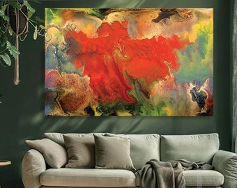 Large Canvas Abstract Print Floral Painting, Vibrant Red Gold Art, Eclectic Boho Wall Art Décor, Landscape Version of &#39;&#39;Feelings Eruption&#39;&#39;