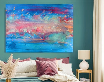 Seascape Painting, Large Abstract Canvas Print of Watercolor Painting ''Sea Song'', Teal Blue Art Coastal Wall Art Decor, Turquoise Pink Art