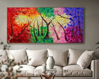Colorful Original Painting, Forest Wall Art, bright wall art, maximalist decor, eclectic wall art, abstract large colorful art cottagecore