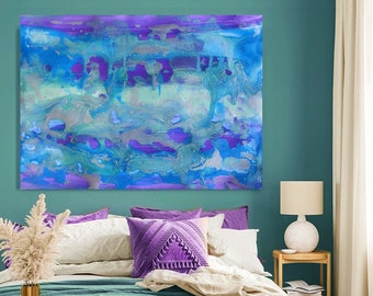 Watercolor Abstract Painting, Large Canvas Print, Blue Purple Prints, Seascape Watercolor, Turquoise Purple Art 'Melody of the Sea' by Julia