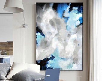 Elegant Gray Blue Abstract Art, Oversized Canvas Print, Contemporary Wall Decor, Soft Serene Painting