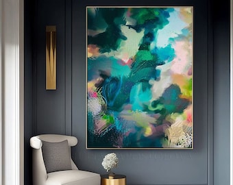 Art Print, Abstract Painting, Teal Print, Large Canvas Art, Botanical Art, Modern Wall Art, Living room Green Wall Art Decor, Exotic Garden