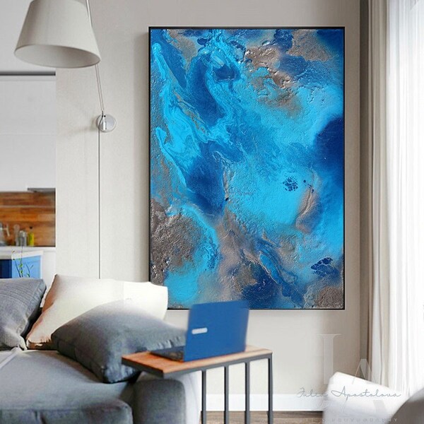 Art abstrait bleu, peinture sur l'océan, art moderne turquoise, impression argentique bleu, paysage marin abstrait, décoration côtière par Julia Apostolova