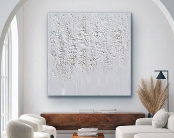 Minimalist White Abstract Painting – Unique 3D Textures, Original Wabi Sabi Art by Julia Apostolova for Office or Living Room Decor