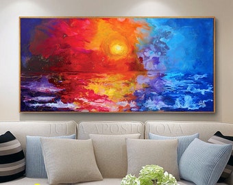 Vibrant Sunset Colorful Ocean Painting, Seascape Canvas Print, Large Wall Art Living Room, Abstract Coastal Decor