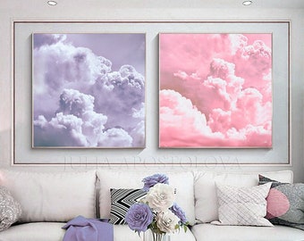 Fluffy Pink and Lilac Oil Cloud Painting, Abstract Cloud Wall Art Print on Textured Bright Canvas Art, Purple Pink Painting Art Set by Julia