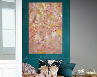 Abstract Pink Coral Oil Painting on Canvas, Large Wall Art, Original Rose Gold Wall Art, ''For You'', Modern Living Room Decor, Gift for Her