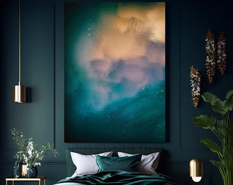 Teal Abstract Art Minimalist Painting Dark Teal Wall Art Emerald Green Original Print Large Canvas Art for Living room Home Decor by Julia