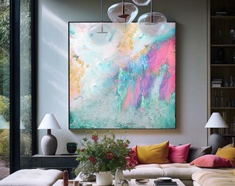 Teal Gold and Pink Abstract Art - Large Gold Leaf Painting Texture Canvas - Modern Wall Decor, Colorful Wall Art - by Julia Apostolova