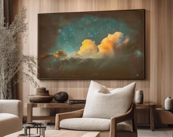 Teal Cloud Art Print - Large Boho Wall Decor - Abstract Cloud Painting on Canvas - Eclectic Gift - Horizontal Wall Art by Julia Apostolova