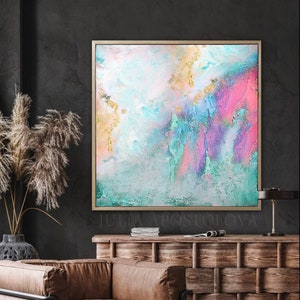 Teal Gold and Pink Abstract Art - Large Gold Leaf Painting Texture ...