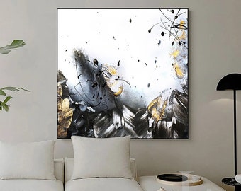 Gold Leaf Abstract Painting, Black White Gold, Large Wall Art on Canvas, Modern Minimalist Painting, 'Midnight Rhapsody' by Julia Apostolova