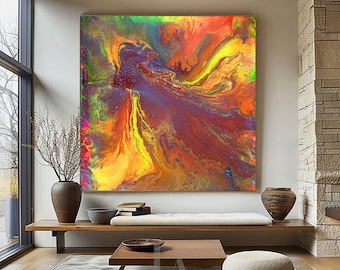 Extra Large Artwork, Colorful Abstract Painting, Brown Yellow Orange Canvas Art - Boho Wall Decor, 'Dance with colors' by Julia Apostolova