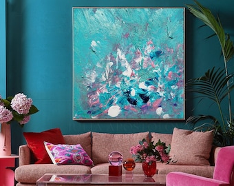 Teal Floral Wall Art, Turquoise Blush Pink Abstract Painting, Texture Abstract Canvas Art, Boho Wall Art Living Room Decor ''Morning Glory''