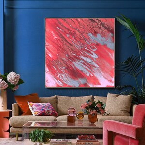 Coral Wall Art Abstract Pink Painting Large Canvas Art with Silver Accents for Romantic Decor by Julia Apostolova and Ideal Gift for Her
