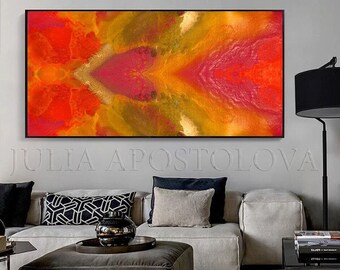 Abstract Print, Large Painting, Heart Print, Love Art, Orange, Pink Gold, Valentines Day, Passion, Romantic Gift for Her, Julia Apostolova