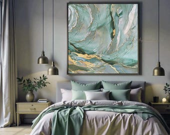 Sage Green Framed Abstract Painting Large Gold leaf Embellished Canvas Wall Art for Every interior, modern bedroom boho decor - Gift for Him