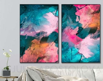 Colorful Abstract Art Set, Modern Eclectic Prints Celestial Floral Paintings, Long Vertical Art, Large Teal Wall Art Decor, Julia Apostolova