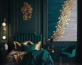 Dark Teal Gold and Gray Abstract Painting Gold Leaf and Silver Leaf Wall Art Original Textured Canvas Deep Petrol Large Wall Decor by Julia