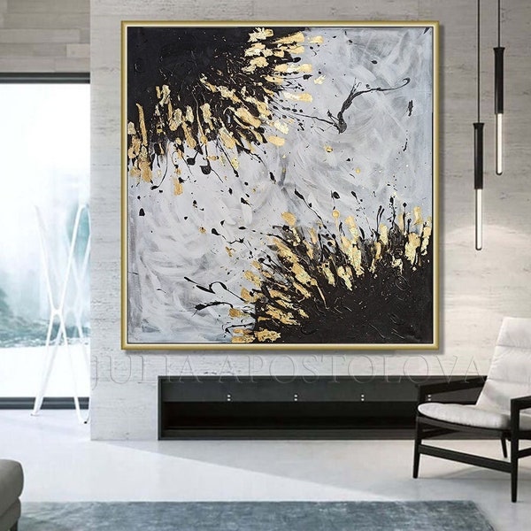 Très grande peinture originale avec feuille d'or, or blanc noir et couleurs splash, art mural abstrait moderne « Angels Touch » par JuliaApostolova