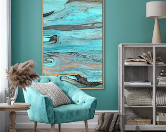 Teal Wall Art, Turquoise Abstract Painting, Watercolor Tall Canvas Art, Vertical Print, Coastal Art, Narrow Hanging, Living Room Boho Decor