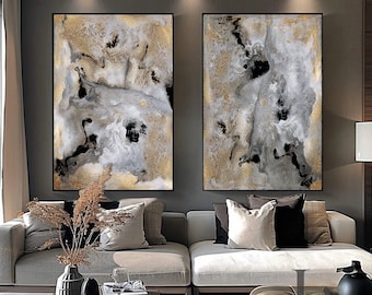 64'' Extra Large Wall Art, Gray Gold Black Abstract Gold Leaf Canvas Painting, Set of Two Elegant Artworks for Glam Decor by JuliaApostolova