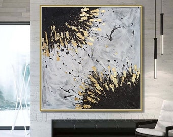 Extra Large Original Painting with Gold Leaf, Black White Gold and splash colors, Modern Abstract Wall Art 'Angels Touch' by JuliaApostolova