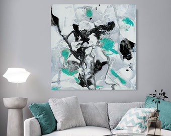 Large Turquoise Black White Abstract Art Print, Modern Minimalist Canvas Contemporary Painting, 50 inch