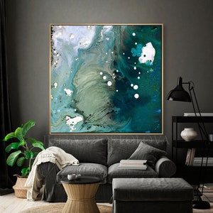 Teal Abstract Sea Painting Large Minimalist Art for Living Room Decor Blue Emerald Wall Art Pacific Velvet image 3