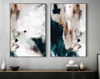 Abstract Neutral Paintings Modern Wall Art Set of 2 Beige Dark Teal Floral Textured Canvas Prints for Boho Decor by Julia Apostolova