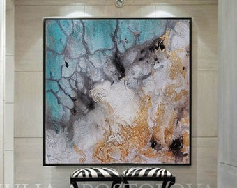 Large Modern Wall Art Abstract Painting, Canvas Textured Print with Gold Leaf, Turquoise & Black - Elegant Wall Decor by Julia Apostolova