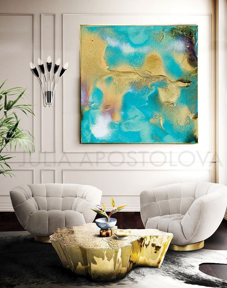 50'' Turquoise Abstract Art Teal Gold Wall Art Etsy