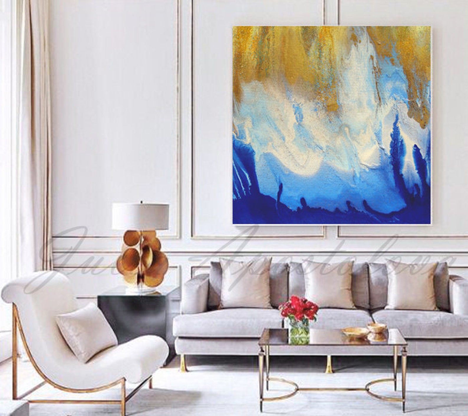 Gold White and Blue Large Wall Art Watercolor Gold Leaf Etsy