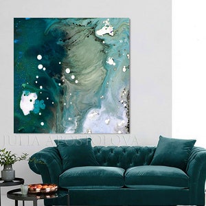 Teal Abstract Sea Painting Large Minimalist Art for Living Room Decor Blue Emerald Wall Art Pacific Velvet image 6