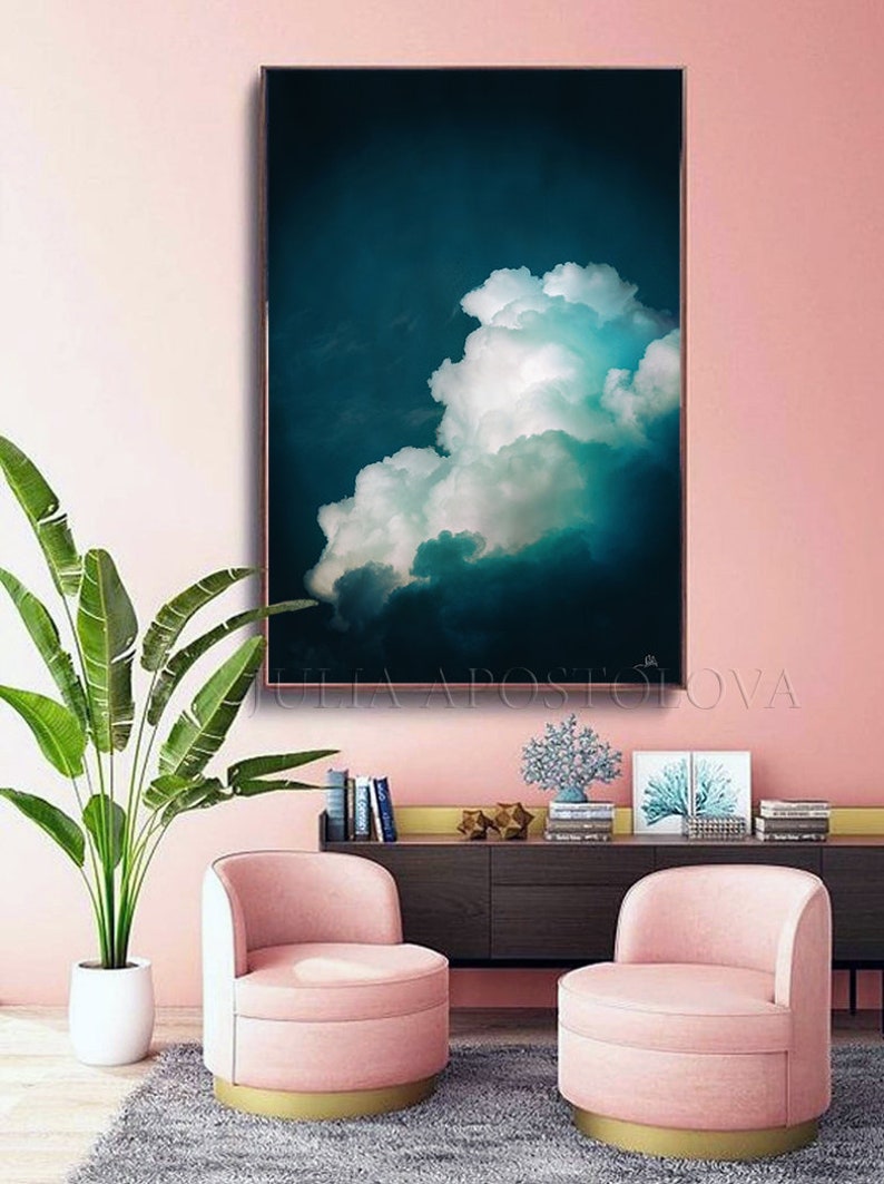 Cloud Painting Print, Dark Teal Wall Art for Trending Decor, Large Wall Art, Minimalist Painting Cloud Canvas Art Gift by Julia Apostolova image 3