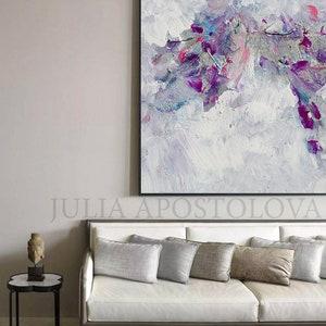 Minimalist Painting Floral Abstract Wall Art White Purple and Silver Landscape ART Gift for Her 'Morning Glory'' by Artist Julia Apostolova image 5