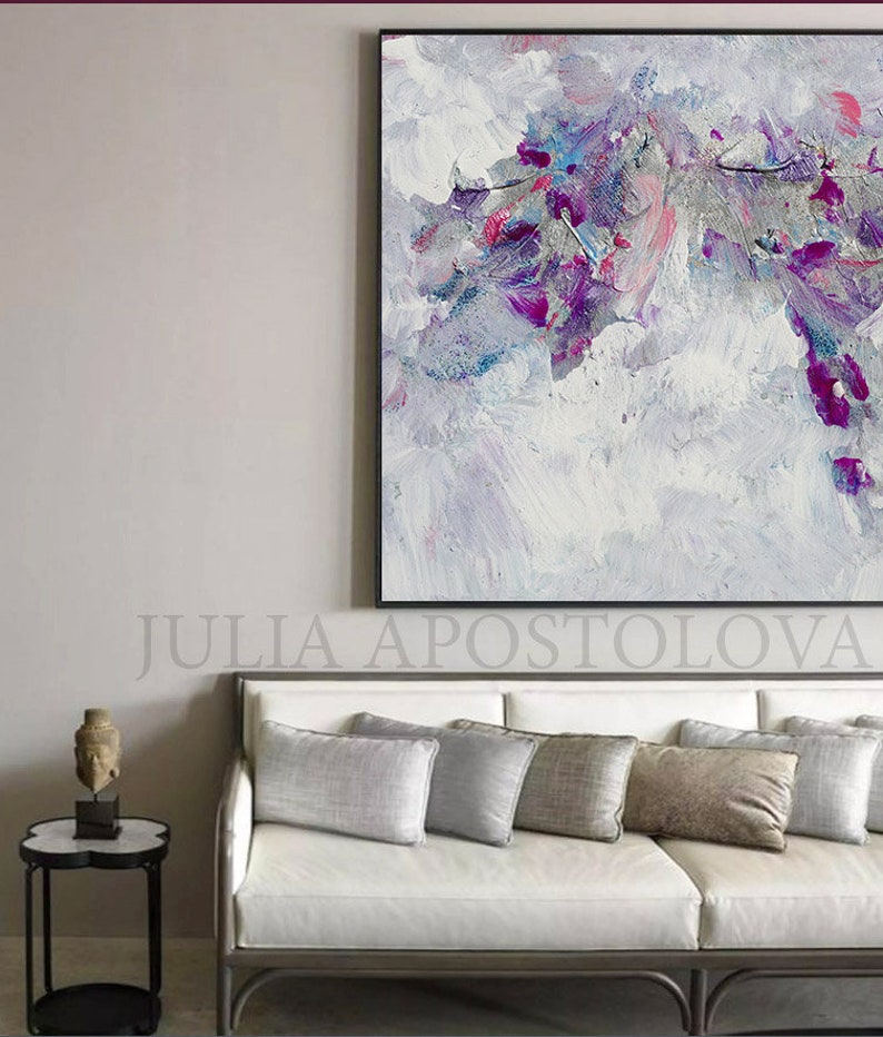 Minimalist Painting Floral Abstract Wall Art White Purple and Silver Landscape ART Gift for Her 'Morning Glory'' by Artist Julia Apostolova image 5