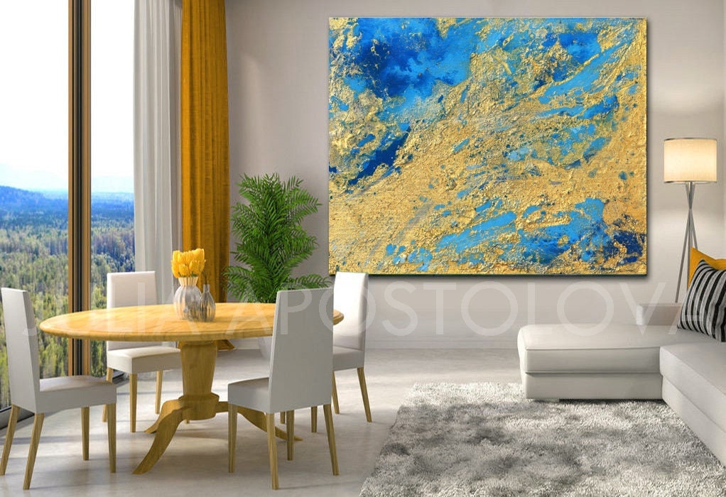 Abstract Art Blue and Gold Wall Art Coastal Landscape Giclee Large ...