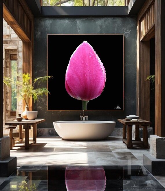 Pink Tulip, Botanical Wall Art, Large Canvas Print, Black Fuchsia Art, Modern Home Decor, Contemporary Floral Photography, Boho Chic Decor