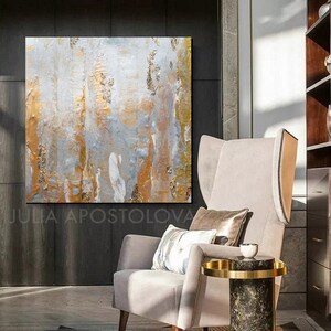 Gray Gold Leaf Painting, Elegant Wall Art for Livingroom, Textured Canvas, Neutral Art Set, Above Couch Decor, Large Abstract Minimalist Art image 12