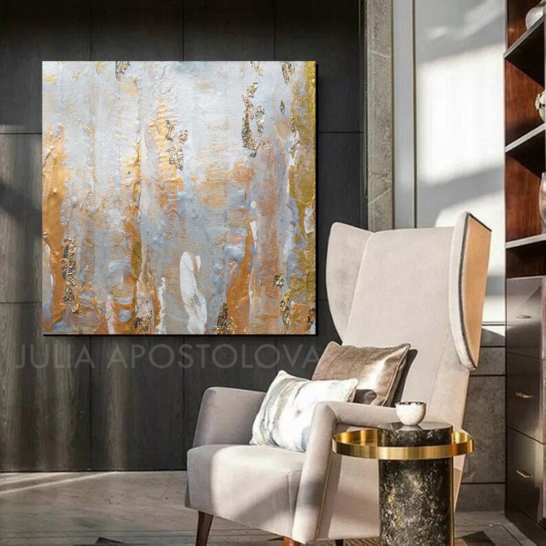 Gray Gold Leaf Painting, Elegant Wall Art for Livingroom, Textured Canvas, Neutral Art Set, Above Couch Decor, Large Abstract Minimalist Art image 12