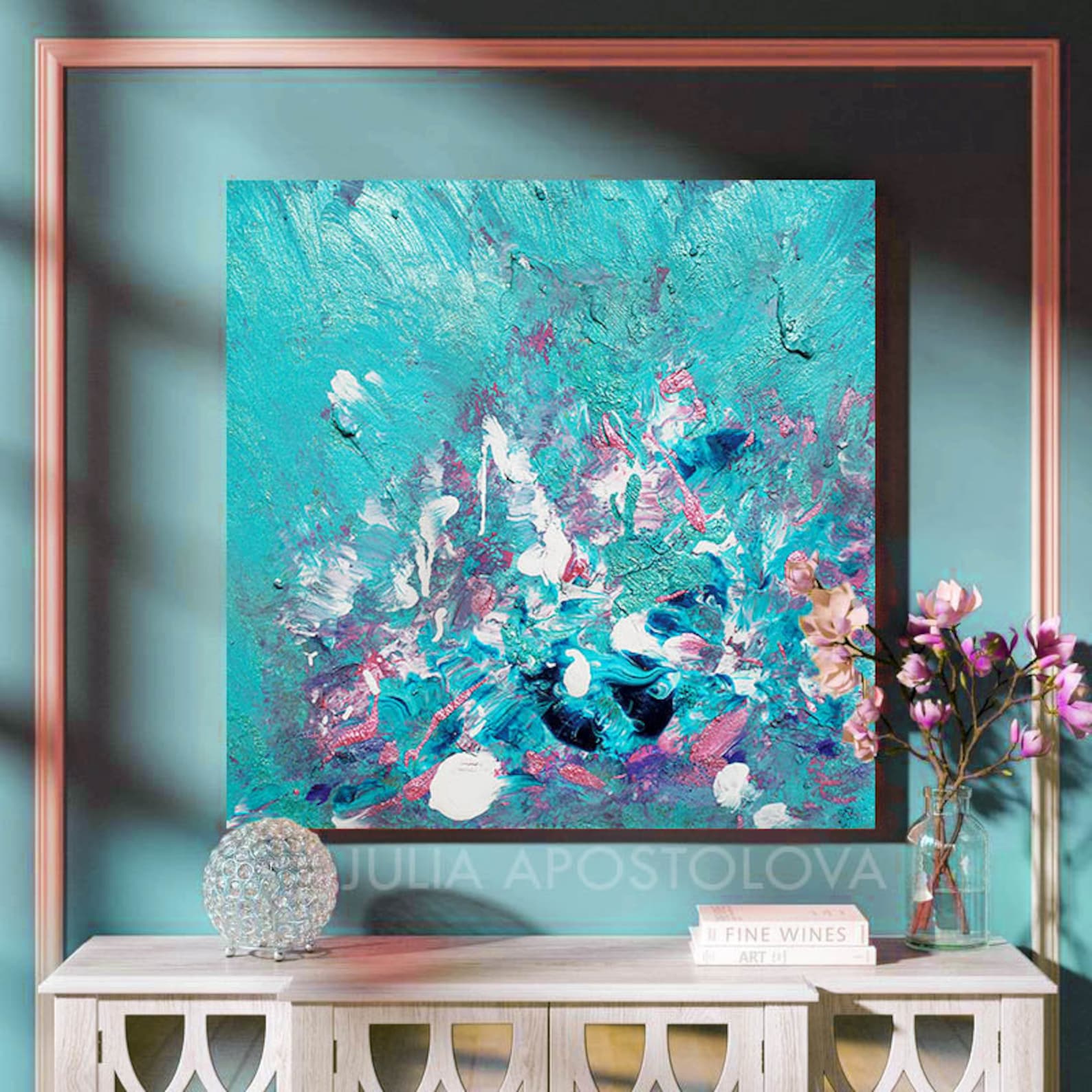 Teal Floral Wall Art Turquoise Blush Pink Abstract Painting Etsy