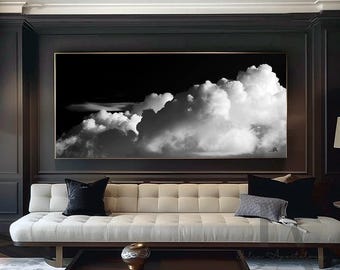 80'' BLACK WHITE Cloud Wall Art Minimalist Horizonal Painting Print of Fluffy Clouds & Black Sky, Large Canvas Modern Decor - Gift for Him
