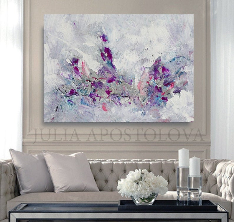 Minimalist Painting Floral Abstract Wall Art White Purple and Silver Landscape ART Gift for Her 'Morning Glory'' by Artist Julia Apostolova image 2
