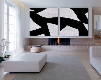 Set of 2 Wall Art, Black White Painting, Geometric Art, Canvas Art, Abstract Painting, Extra Large Wall Art, Minimalist Modern Office Decor