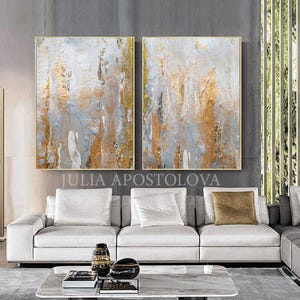 Gray Gold Leaf Painting, Elegant Wall Art for Livingroom, Textured Canvas, Neutral Art Set, Above Couch Decor, Large Abstract Minimalist Art image 7