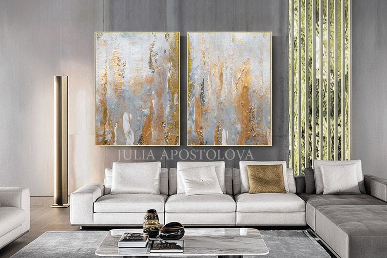 Gray Gold Leaf Painting, Elegant Wall Art for Livingroom, Textured Canvas, Neutral Art Set, Above Couch Decor, Large Abstract Minimalist Art image 7