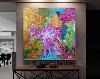 Large Wall Art Colorful Rainbow Abstract Painting on Canvas, Abstract Wall Art Textured Print up to 45'' by Julia Apostolova 'The beginning'