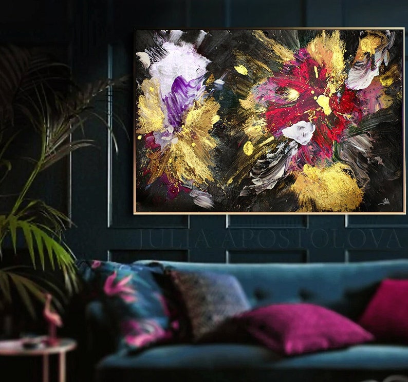 Gold Pink Floral Painting, Dark Black Fuchsia Wall Art, Eyecatching