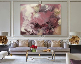 Grande aquarelle, paysage abstrait, immense oeuvre d'art murale, rose et or, beige et rose, art moderne, « Romance » par Julia Apostolova